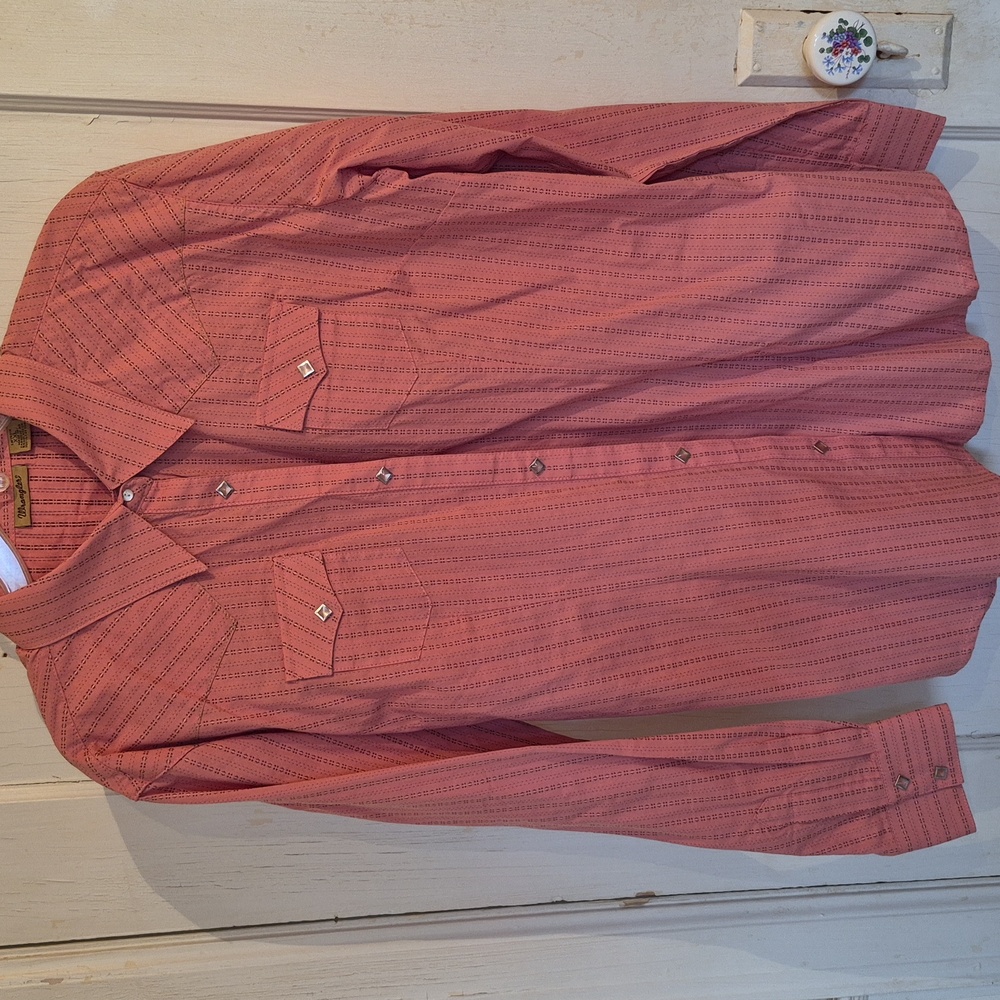 Wrangler Women Diamond Pearl Snap 2XL Coral Brown Strip Button Long Sleeve Shirt